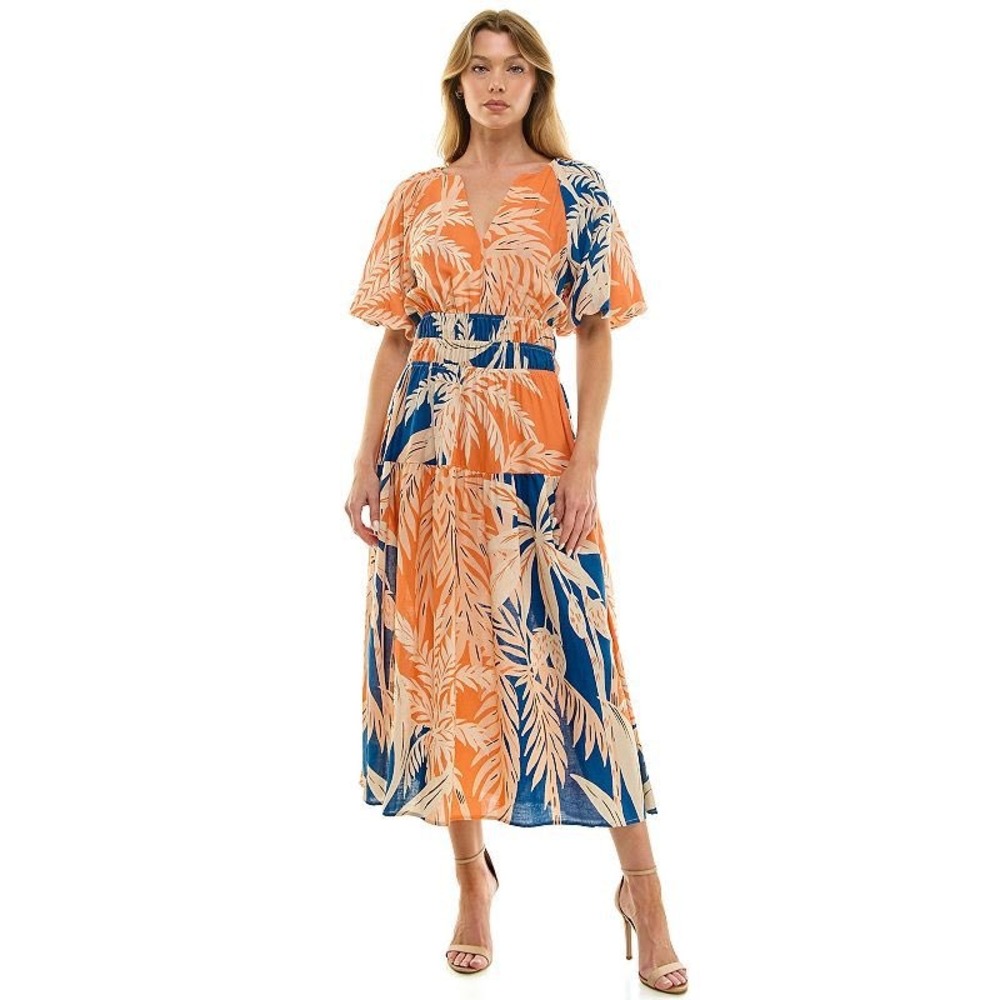 FIG + FLOWER‎ Women Dress Large Tropical Leaf Print Smocked Orange Boho Resort
